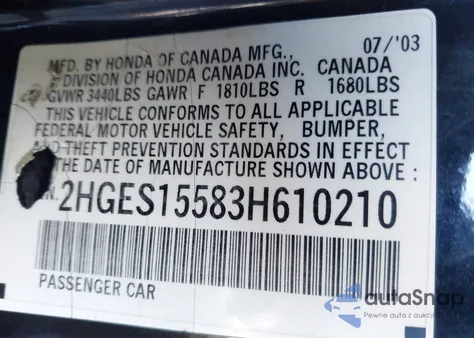 2003 Honda Civic Lx из США, поврежденный, VIN 2HGES15583H610210